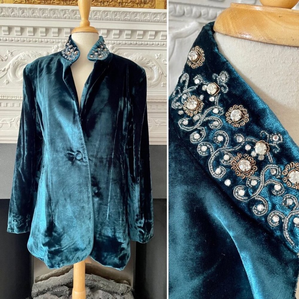 1980s Vintage Soft Surroundings Teal Velvet Bejeweled Jacket